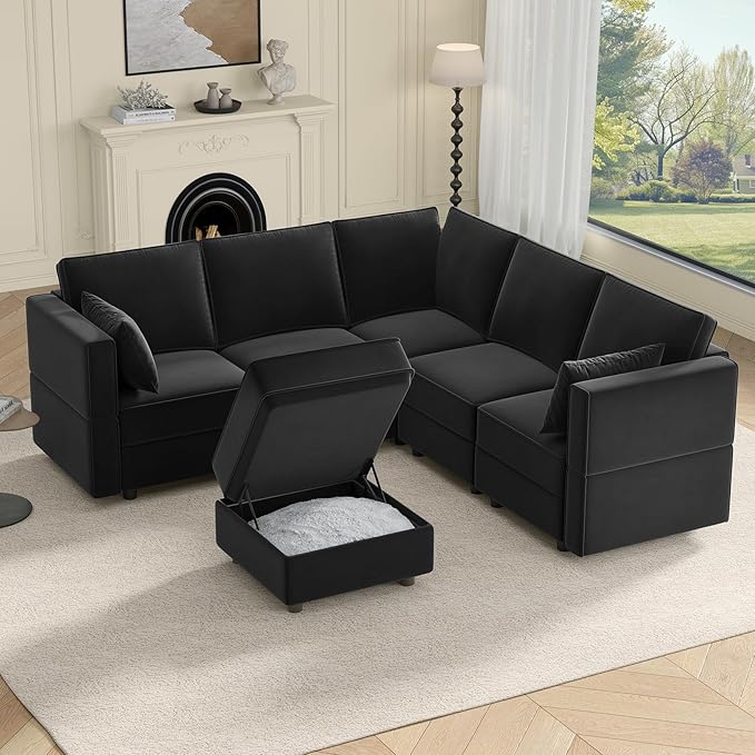 Vesgantti Sectional Couches with Storage Seats, 92" L Shaped Convertible Modular Sectional Sofa, 5 Seat & 1 Ottoman Velvet Storage Chaises Deep Seat Couch for Living Room, Bedroom, Apartment, Black