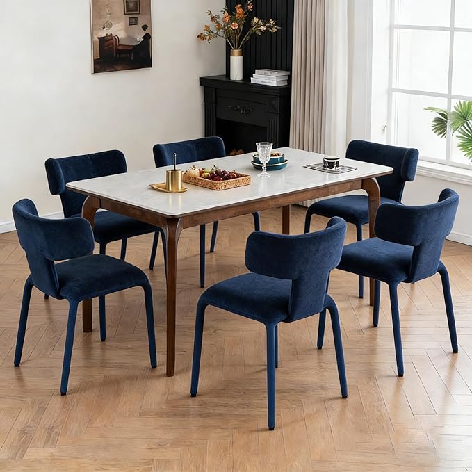 Kidol & Shellder Dining Chairs Set of 2,Modern Upholstered Fabric Dining Room Chairs with Curved Barrel Back,Armless Kitchen Chairs with Metal Legs and Padded Seat for Living Room and Bedroom Blue