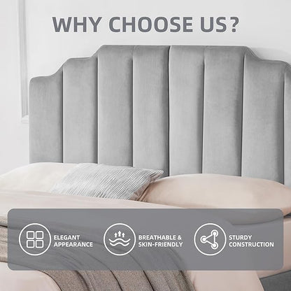 Tufted Headboard, Comfort Velvet Upholstered Headboard, Modern Vertical Channel Design, King Size Bed Compatible, Easy Assembly，Soft Grey