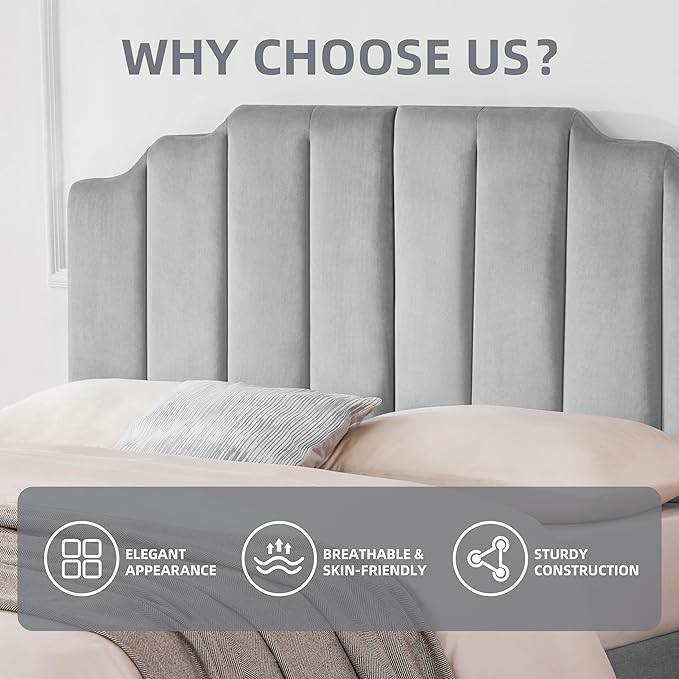 Velvet Upholstered Headboard Queen, Tufted Headboard, Elegantly Curved headboard only, Soft Padded headboards Queen Size, Modern Vertical Channel Design Head Board, Soft Grey