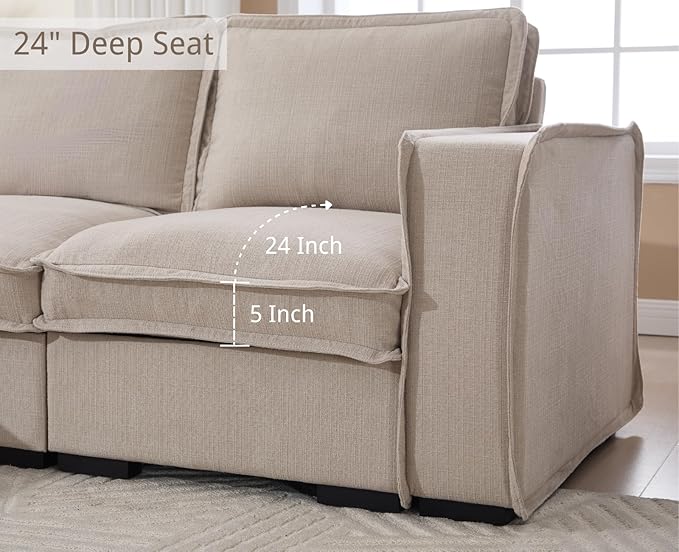 EALSON 119" Modular Sectional Sofa Modern Comfy 4-Seater Couch Sofa Linen Fabric Upholstered Cloud Couches with 24" Deep Seat and Wooden Legs for Bedroom/Living Room/Office, Oatmeal