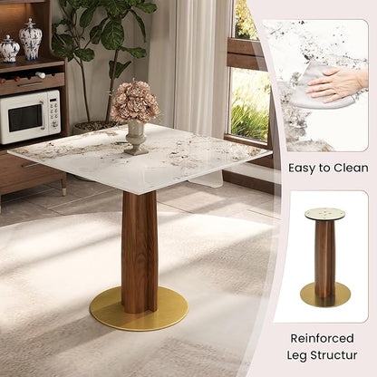 Sintered Stone Square Office Table - Meeting Desk for Small Offices (Walnut‌ Leg and Pandora Top, 1 Table Only)
