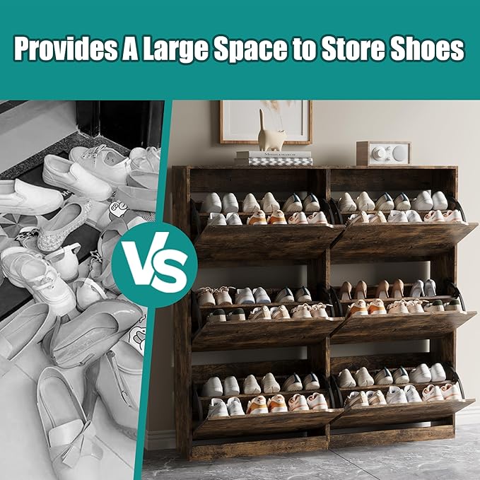 Shoe Storage Cabinet for Entryway with 6 Flip Drawers, Sturdy Wood Hidden Shoe Storage, Freestanding Narrow Slim Shoe Organizer for Front Door Entrance, Living Room, Hallway, Bedroom, Brown