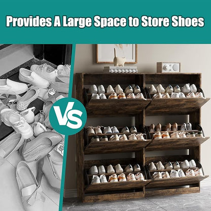 Shoe Storage Cabinet for Entryway with 6 Flip Drawers, Sturdy Wood Hidden Shoe Storage, Freestanding Narrow Slim Shoe Organizer for Front Door Entrance, Living Room, Hallway, Bedroom, Brown