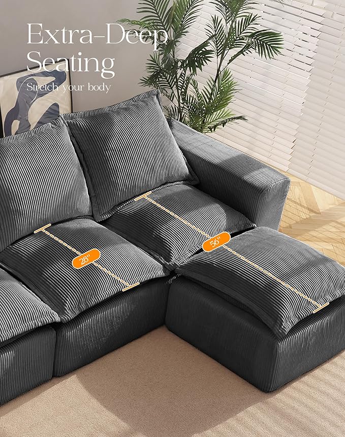 107" Comfy Cloud Couch with L-Shape Chaise & Deep Seat, Modular Sectional Sofa in a Box, Boneless Upholstered Couches for Living Room, No Assembly Required (Soft Corduroy, Gray)