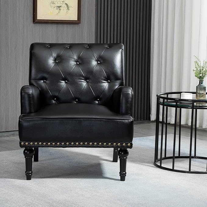 MOJAY Faux Leather Accent Chair Set of 2, Mid-Century Modern Living Room Chair Lounge Study Sofa Chair with Sturdy Wood Legs, Club Chair Armchair for Bedroom Home Study Reception (Black)
