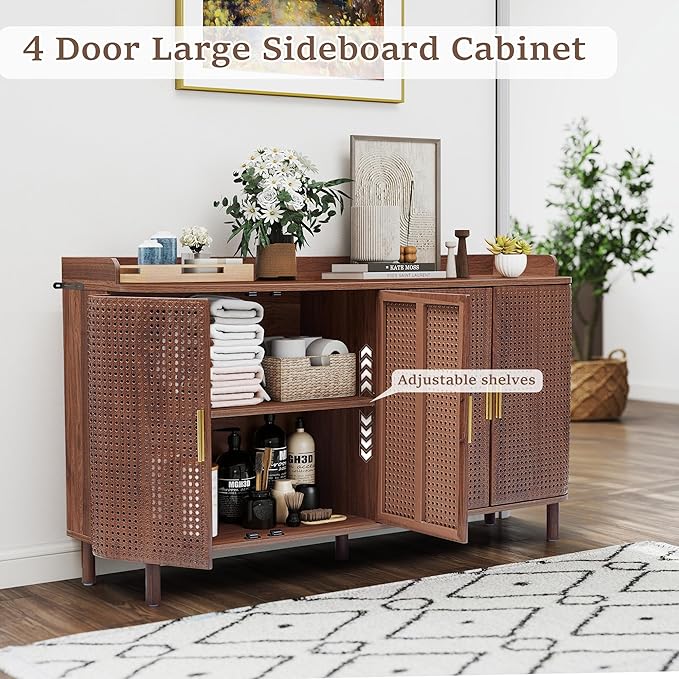 4 Doors Storage Cabinet, 2 Tier Wooden Storage Organizer Cabinet with Adjustable Shelf, Sideboard Buffet Cabinets with Iron Curved Doors Accent Shoe Rack for Entryway Hallway Living Room (Walnut)