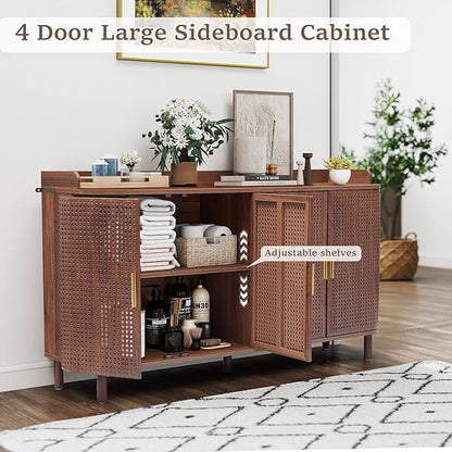 4 Doors Storage Cabinet, 2 Tier Wooden Storage Organizer Cabinet with Adjustable Shelf, Sideboard Buffet Cabinets with Iron Curved Doors Accent Shoe Rack for Entryway Hallway Living Room (Walnut)