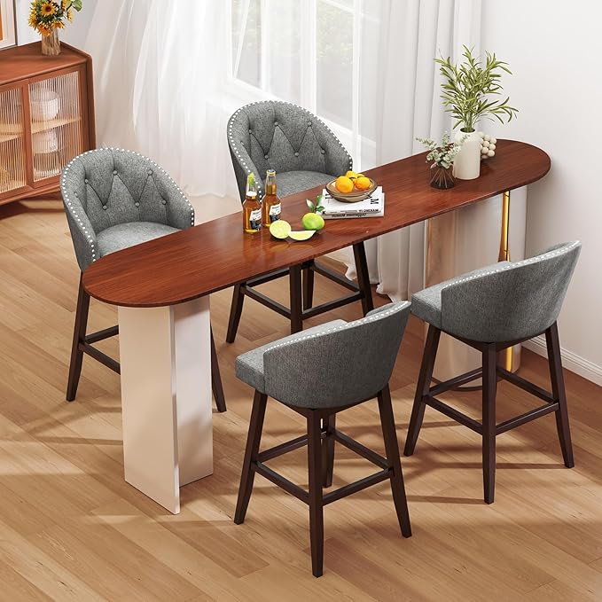 COSTWAY Bar Stools Set of 4, 31’’ Swivel Bar Stools with Rubber Wood Legs & Padded Back, Breathable Linen Fabric, Stylish Tufted Design & Rivet Decoration, Adjustable Foot Pads (4, Grey + Brown)