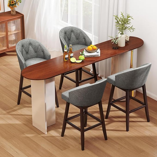 COSTWAY Bar Stools Set of 4, 31’’ Swivel Bar Stools with Rubber Wood Legs & Padded Back, Breathable Linen Fabric, Stylish Tufted Design & Rivet Decoration, Adjustable Foot Pads (4, Grey + Brown)