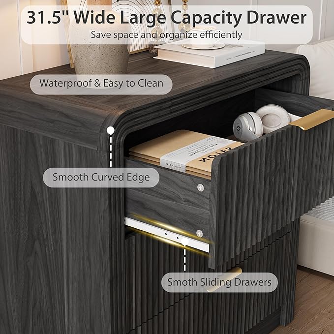 Fluted 3 Drawer Dresser, 31.8'' Tall Dresser for Bedroom, Modern Wood Chest of Drawers with Round Edge & Metal Handle, Large Nightstand with 3 Drawers for Living Room, Hallway, Entryway (Dark Walnut)