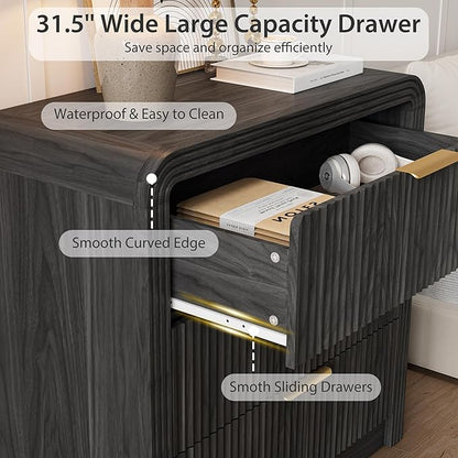 Fluted 3 Drawer Dresser, 31.8'' Tall Dresser for Bedroom, Modern Wood Chest of Drawers with Round Edge & Metal Handle, Large Nightstand with 3 Drawers for Living Room, Hallway, Entryway (Dark Walnut)