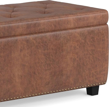 SIMPLIHOME Hamilton 48 inch Wide Transitional Rectangle Storage Ottoman in Distressed Umber Brown Vegan Faux Leather, Assembled, For the Living Room, Entryway and Family Room