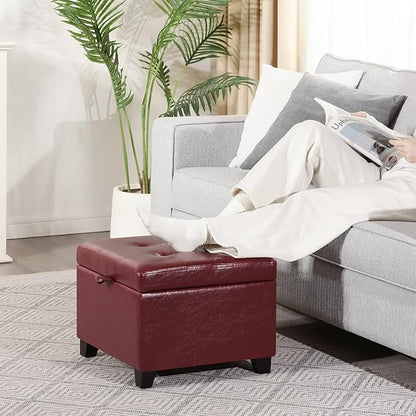 Adeco Faux Leather Storage Ottoman with Hinged Lid, 14 Inch High Red Square Cube Foot Stool with Storage, Upholstered Vanity Stool with Solid Wood Legs for Living Room, Bedroom, Dorm