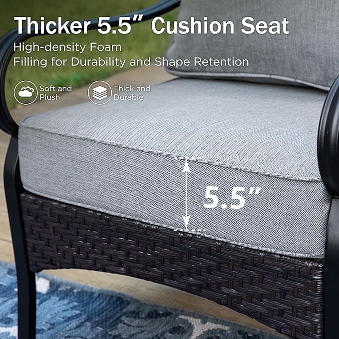PHI VILLA Patio Furniture Set with 56" Fire Pit Table, Premium Outdoor Wicker Metal Frame Furniture with Upgraded Waterproof Thick Cushions for Porch, Poolside, Deck, and Yard （4 Pieces, Grey