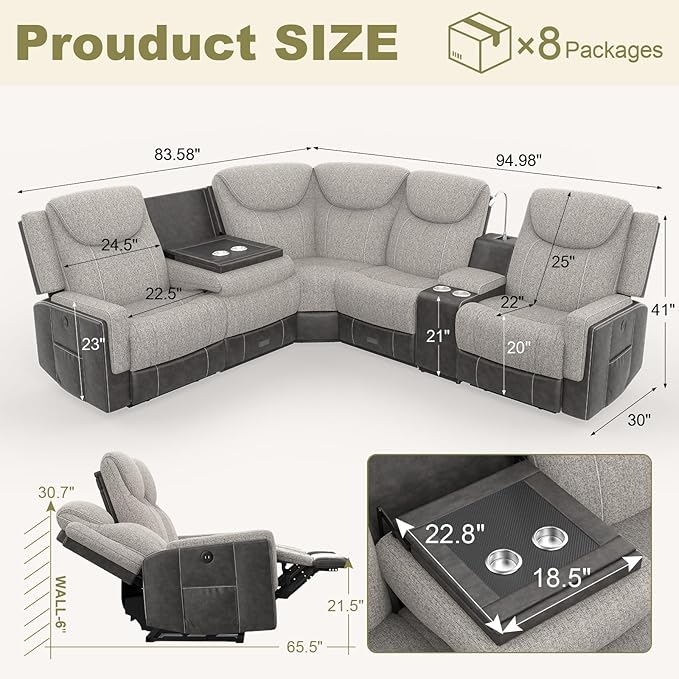 Home Theater Seating, Manual Recliner Sectional Sofa for Living Room, 5 Seater Reclining Sectional Couch with Flip-Up Backrest, Storage Console, USB Ports, Grey Linen & Chocolate Leather