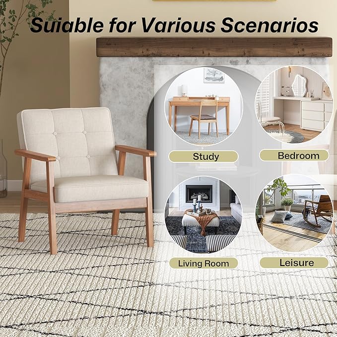 Modern Accent Chair with Arm Rest, Upholstered Linen Fabric Leisure Chair Comfy Side Chair with Backrest Button and Wooden Frame for Living Room Bedroom Reading(Beige), 1 PC