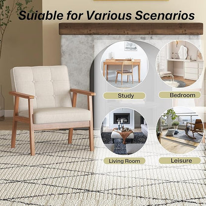 Modern Accent Chairs Set of 2, Upholstered Linen Fabric Leisure Chairs with Backrest Button and Wooden Frame for Living Room Bedroom Reading (Beige)