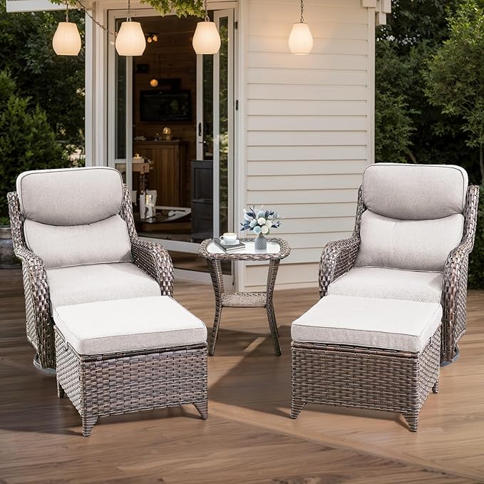HUMMUH Wicker Patio Furniture High Back Swivel Rocker Patio Chairs Outdoor Bistro Set with Ottomans Side Table for Porch Garden Deck
