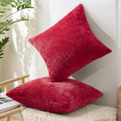 decorUhome Christmas Red Chenille Throw Pillow Covers 22x22 Set of 2 Thick Textured Slubby Couch Pillow Covers Farmhouse Accent Modern Neutral Decorative Pillow Cases for Bed Sofa Living Room
