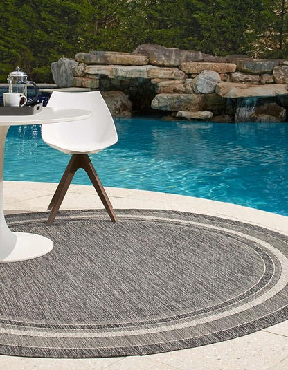 Unique Loom Outdoor Border Collection Area Rug - Soft Border (10' Round Black/Ivory)