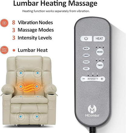 MCombo Dual Motor Large Power Lift Recliner Chair for Elderly, Lay Flat Lift Chair with Heat and Massage, Big Lift Recliner for Tall People, Faux Leather 7896 (Cream White, Large)
