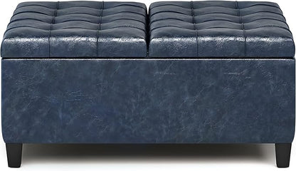 SIMPLIHOME Harrison 36 inch Wide Transitional Square Coffee Table Storage Ottoman in Denim Blue Vegan Faux Leather, Assembled, For the Living Room and Bedroom