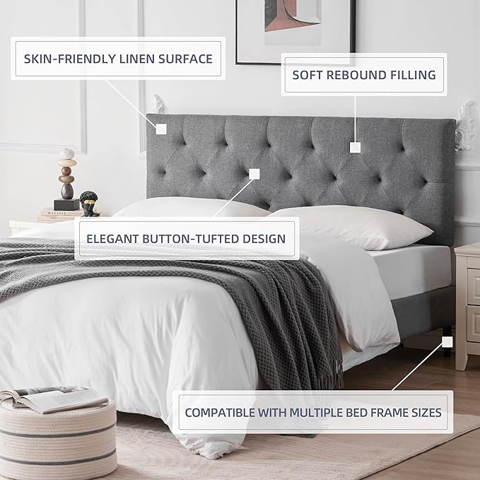 Linen Upholstered Headboard King Size, Modern Diamond Tufting Solid Wood Cali King Headboard Only, Adjustable Height from 37” to 51” Head Board, Bed Frame or Wall Mount Headboards, Light Grey
