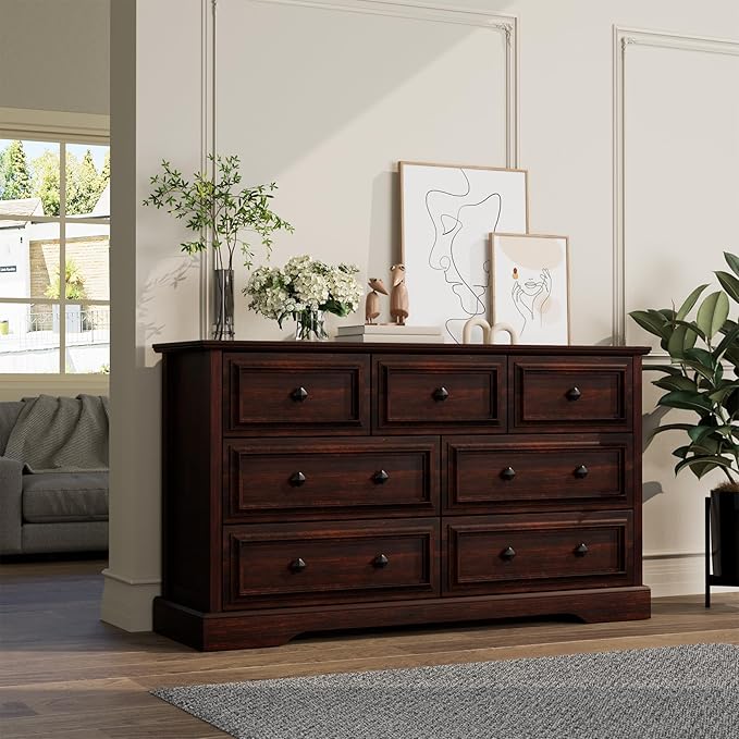 Farmhouse 7 Drawer Dresser for Bedroom, 54" Wide Wooden Dresser with Natural Texture & Vintage Metal Knobs, Large Chest of Drawers for Bedroom, Living Room, Hallway, Cherry