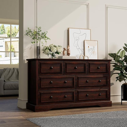 Farmhouse 7 Drawer Dresser for Bedroom, 54" Wide Wooden Dresser with Natural Texture & Vintage Metal Knobs, Large Chest of Drawers for Bedroom, Living Room, Hallway, Cherry