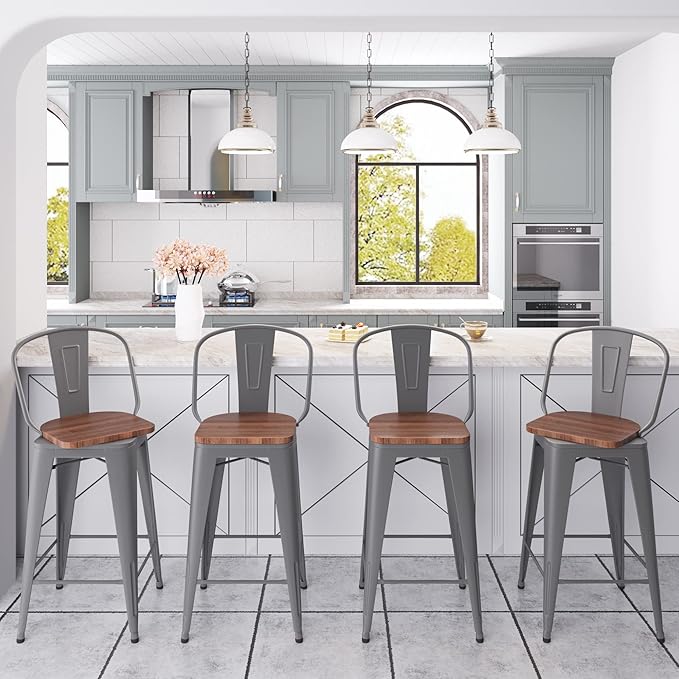 Aklaus Swivel Metal Bar Stools with Backs Counter Stools Set of 4 Counter Height Stools High Back Bar Chairs 24 Inches Barstools Farmhouse Silver