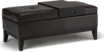 SIMPLIHOME Oregon 42 inch Wide Contemporary Rectangle Storage Ottoman Bench with Tray in Tanners Brown Vegan Faux Leather, Assembled, For the Living Room, Entryway and Family Room