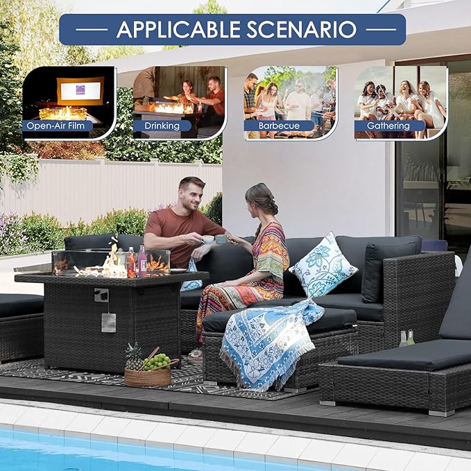 NICESOUL 8 Seater Modern Luxury Outdoor Furniture Set, Extra Large PE Wicker Patio Modular Sectional Sofa with Ottoman, 29.3'' High Back L-Shaped All-Weather Conversations, Deep Seated Grey Color