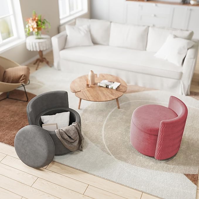 360° Swivel Accent Chair with Storage, Vanity Stool with Back, Velvet Storage Ottoman, Upholstered Round Barrel Vanity Chair for Living Room, Makeup Room, Bedroom (Dusty Rose)