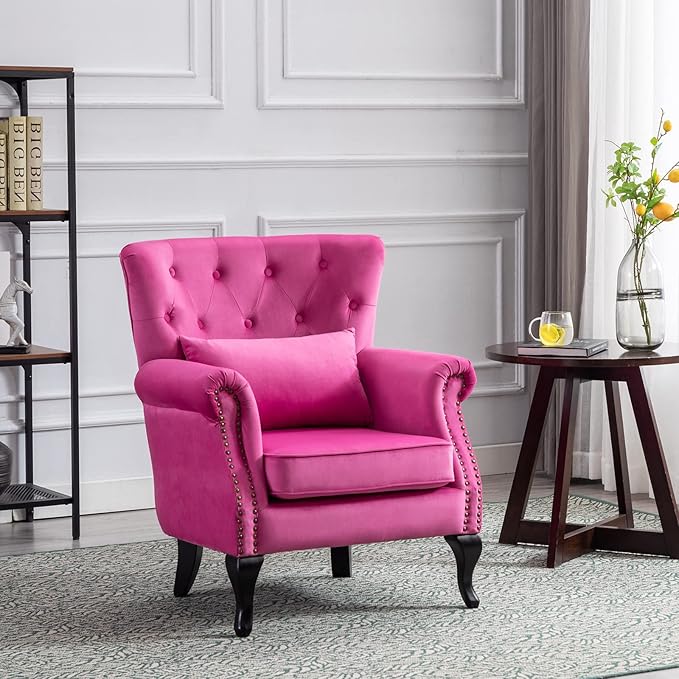 Accent Reading Arm Chairs for Living Room Bedroom, Midcentury Modern Comfy Corner Sofa Chair, Wingback Waiting Room Club Chair with Button Tufted Back &Lumbar Pillow, Velvet Rose