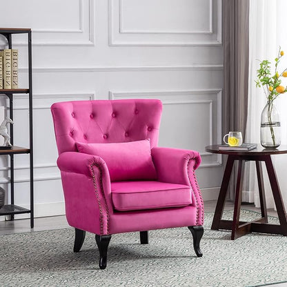 Accent Reading Arm Chairs for Living Room Bedroom, Midcentury Modern Comfy Corner Sofa Chair, Wingback Waiting Room Club Chair with Button Tufted Back &Lumbar Pillow, Velvet Rose