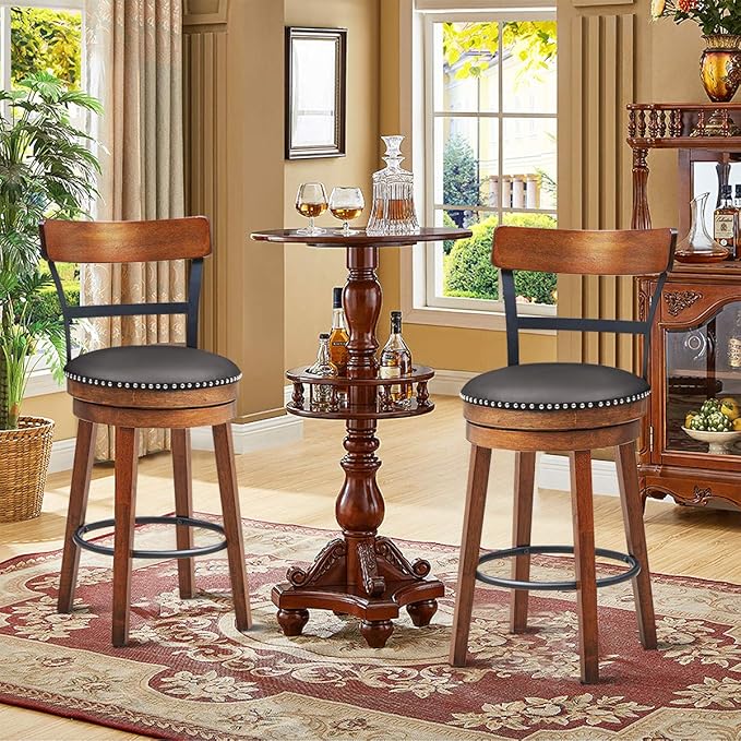 COSTWAY Bar Stools Set of 2, 360-Degree Swivel Stools with Leather Padded Seat, Single Slat Ladder Back & Solid Rubber Wood Legs, Counter Height Stools for Pub, Restaurant, Kitchen, Brown (2, 25.5)