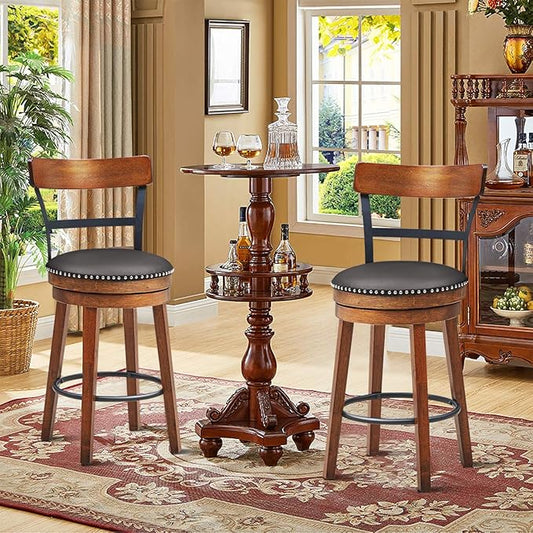COSTWAY Bar Stools Set of 2, 360-Degree Swivel Stools with Leather Padded Seat, Single Slat Ladder Back & Solid Rubber Wood Legs, Counter Height Stools for Pub, Restaurant, Kitchen, Brown (2, 25.5)