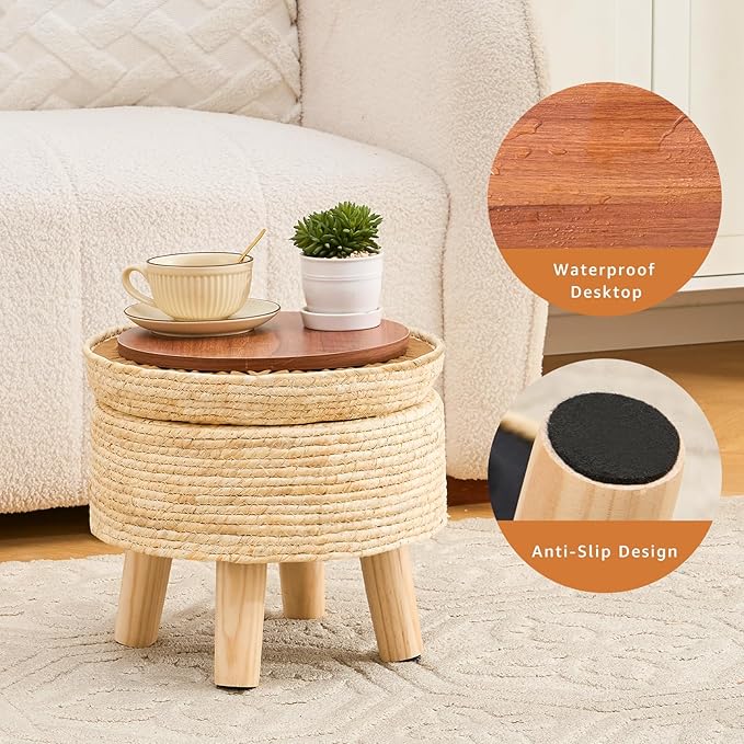 Cpintltr Storage Ottoman Poufs Handwoven Footstool Natural Seagrass Round Footrest Stool with 4 Wood Legs Soft Padded Outdoor Seat for Hallway Lounge Bedroom Garden