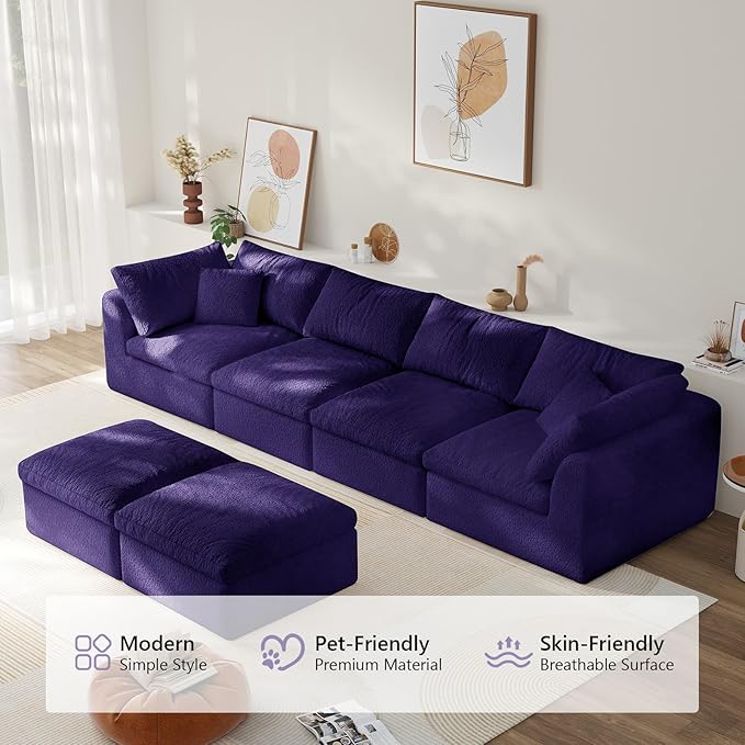 138" Boneless Cloud Couch Modular Sectional Sofa with Deep Seat for Living Room, L Shape Couch with Ottoman, Snowflake Cloth and 40D Memory Sponge，2 Throw Pillows (Purple, 4 Seater+2 Ottoman)