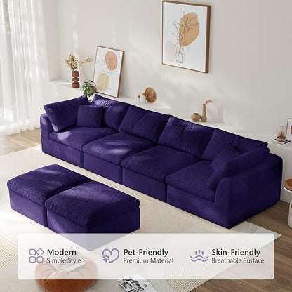 138" Boneless Cloud Couch Modular Sectional Sofa with Deep Seat for Living Room, L Shape Couch with Ottoman, Snowflake Cloth and 40D Memory Sponge，2 Throw Pillows (Purple, 4 Seater+2 Ottoman)