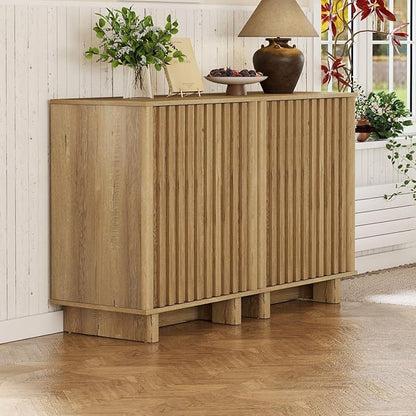 LukeAlon Fluted Sideboard Cabinet, Farmhouse Boho Accent Buffet Cabinet with Storage, 47" Wooden Credenza Hallway Cabinets for Living Room Dining Room Entryway, Natural Wood Color