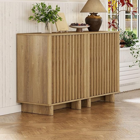 LukeAlon Fluted Sideboard Cabinet, Farmhouse Boho Accent Buffet Cabinet with Storage, 47" Wooden Credenza Hallway Cabinets for Living Room Dining Room Entryway, Natural Wood Color