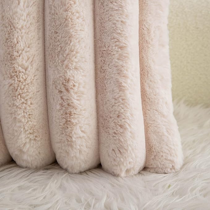 Neelvin Beige Faux Fur Cozy Soft Striped Decorative Throw Pillow Covers 26x26 inch Set of 2,Velvet Pillowcase Cushion Case for Sofa Couch