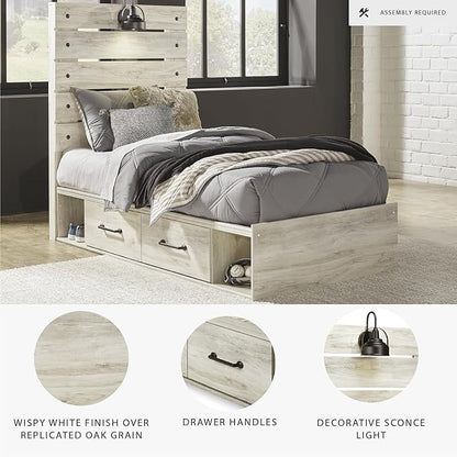 Signature Design by Ashley Cambeck Farmhouse Twin Panel Platform Bed with 4 Storage Drawers, Cubbies, Sconce Light and USB Ports, Foundation or Box Spring Not Needed, Whitewash