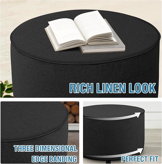 H.VERSAILTEX Round Ottoman Cover Thick Linen Look Ottoman Slipcover Round Ottoman Storage Cover Folding Stool Covers Furniture Protector Cover for Footrest Ottoman Fit Dia 36" - 38", Heather Black