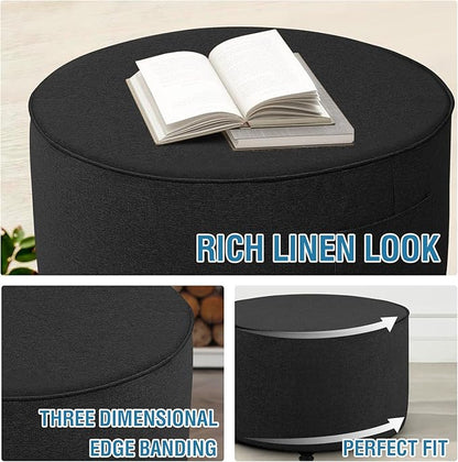 H.VERSAILTEX Round Ottoman Cover Thick Linen Look Ottoman Slipcover Round Ottoman Storage Cover Folding Stool Covers Furniture Protector Cover for Footrest Ottoman Fit Dia 36" - 38", Heather Black