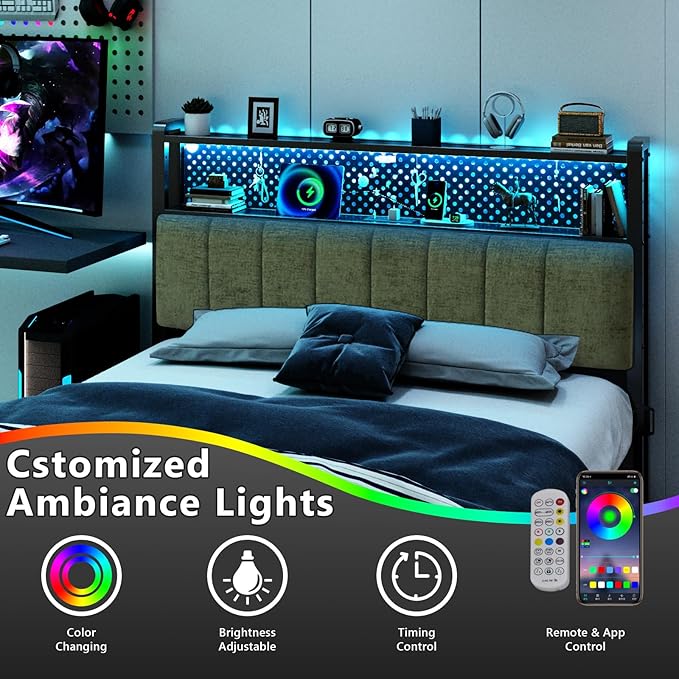 VINGLI Full Size Headboard Only, Adjustable Upholstered Headboard with 2 Tier Shelves and Pegboard with Charging Stations and LED Lights, Modern Bed Headboard with Storage for Bedroom Decor