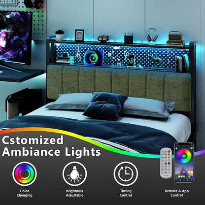 VINGLI Full Size Headboard Only, Adjustable Upholstered Headboard with 2 Tier Shelves and Pegboard with Charging Stations and LED Lights, Modern Bed Headboard with Storage for Bedroom Decor