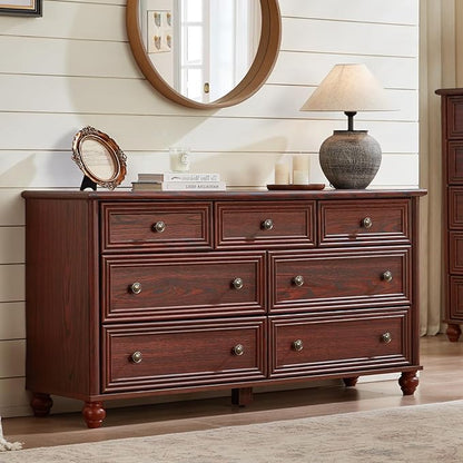 7 Drawers Dresser for Bedroom, Farmhouse 54" Wide Wood Dressers Chest of Drawers, Vintage Design TV Stand, Rustic Storage Dresser Organizer with Metal Handle Closet for Living Room, Hallway